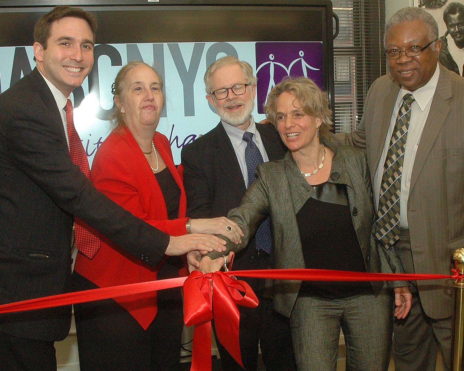 NYC Council Member Ben Kallos, Manhattan Borough President Gale Brewer, NYS Assembly Member Richard N. Gottfried, Sharen Duke and Bill Toler cut the ribbon at ASCNYC's New Midtown Central site.