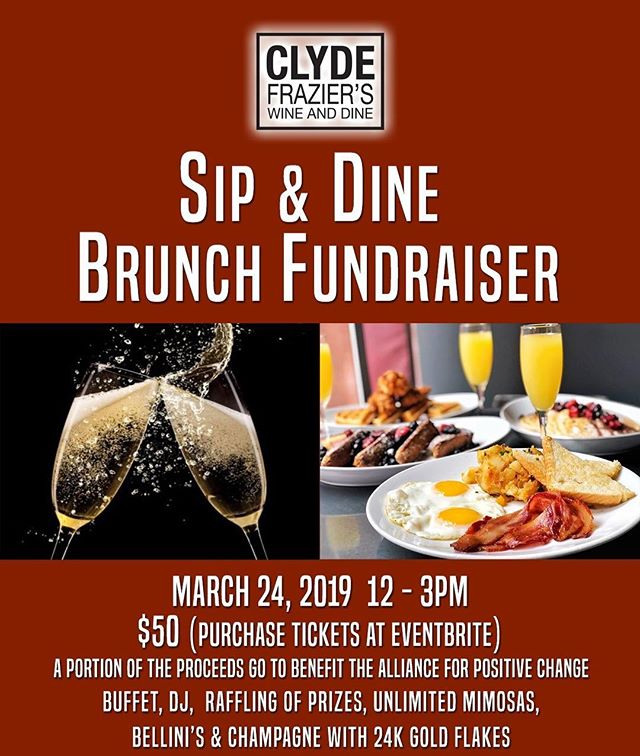 On Sunday 3/24, @clydefraziers invites you to #brunch for a cause! 🍳🥓 Enjoy tasty food, creative drinks and great company, all while supporting positive change! 
Tickets are available for $50 ahead of time or $60 at the door. 20% of each ticket goe