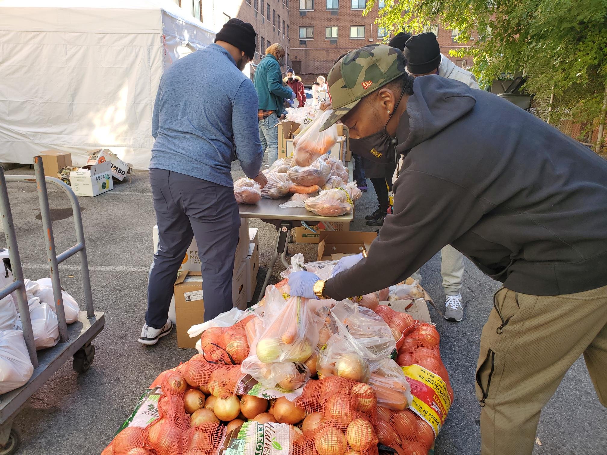 Alliance staff and volunteers arrange produce into take-home bags early in the morning