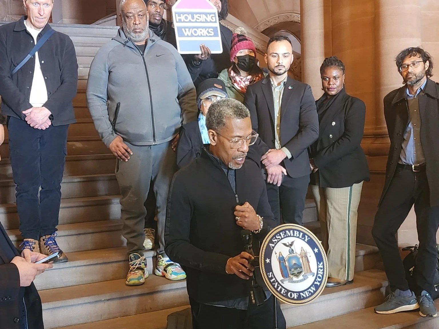  Alliance Advocacy Project Manager Luis Worrell speaks at a press conference in Albany 