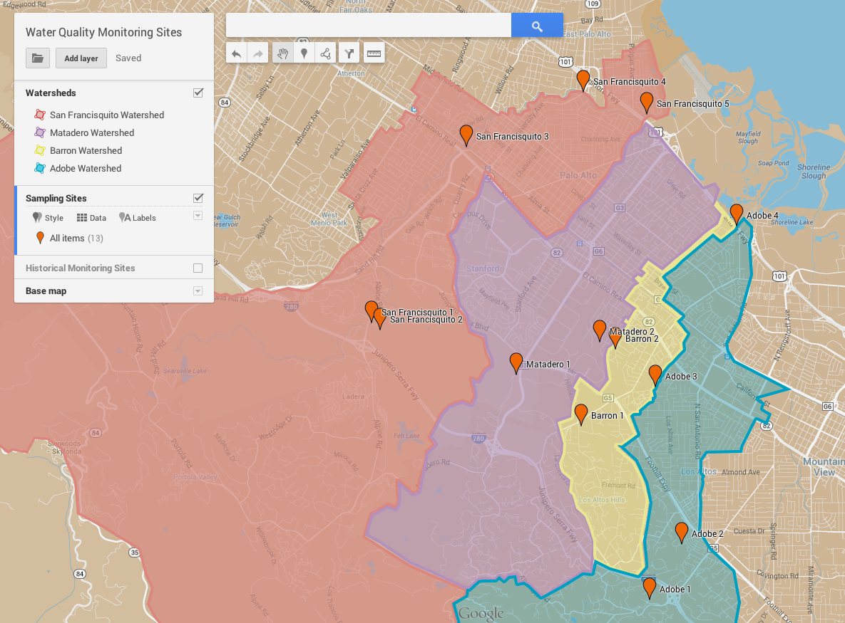 Palo Alto water quality monitoring site map.