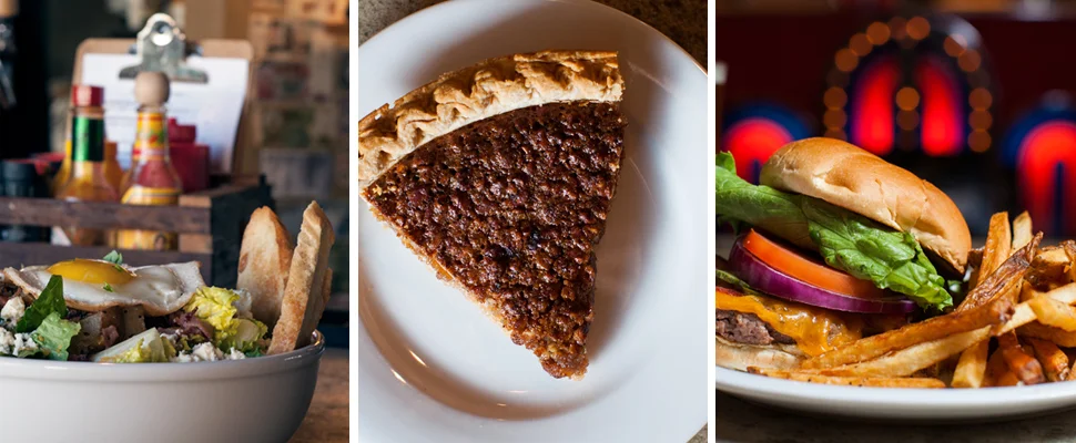 close up pictures of menu items including a salad, slice of pie and burger and fries