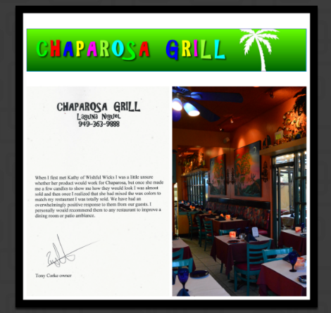 Wishful Wicks was used as centerpiece luminaries on the tables at The Chaparosa Grill in Laguna Niguel Ca. We incorporated the tropical colors of the restaurant into the luminaries for a stunning effect.