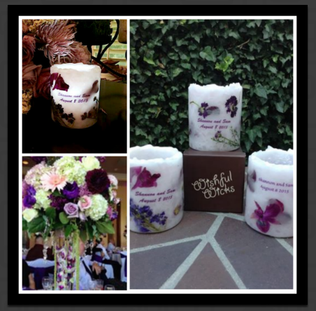 We have created some beautiful wedding centerpieces, but this project was extra special because we took the floral arrangements from the wedding itself and created commemorative luminaries with the actual flowers poured into them and then sent to the wedding guests as thank you gifts for attending.