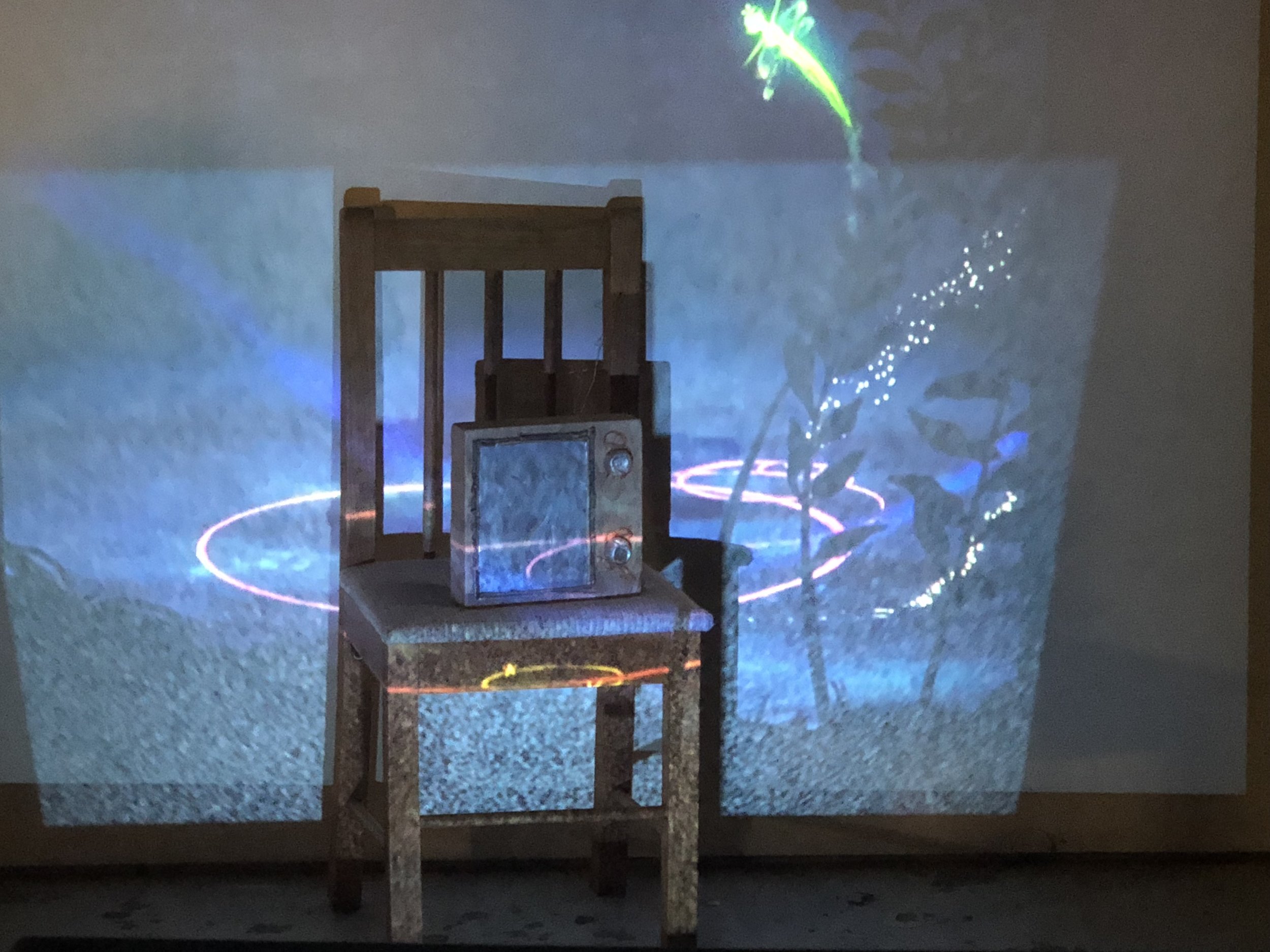  Student: Hanna Kesty Class: Sculpture I Project: “Threes” Cast aluminum, cedar, projected video, found chair. 2018 