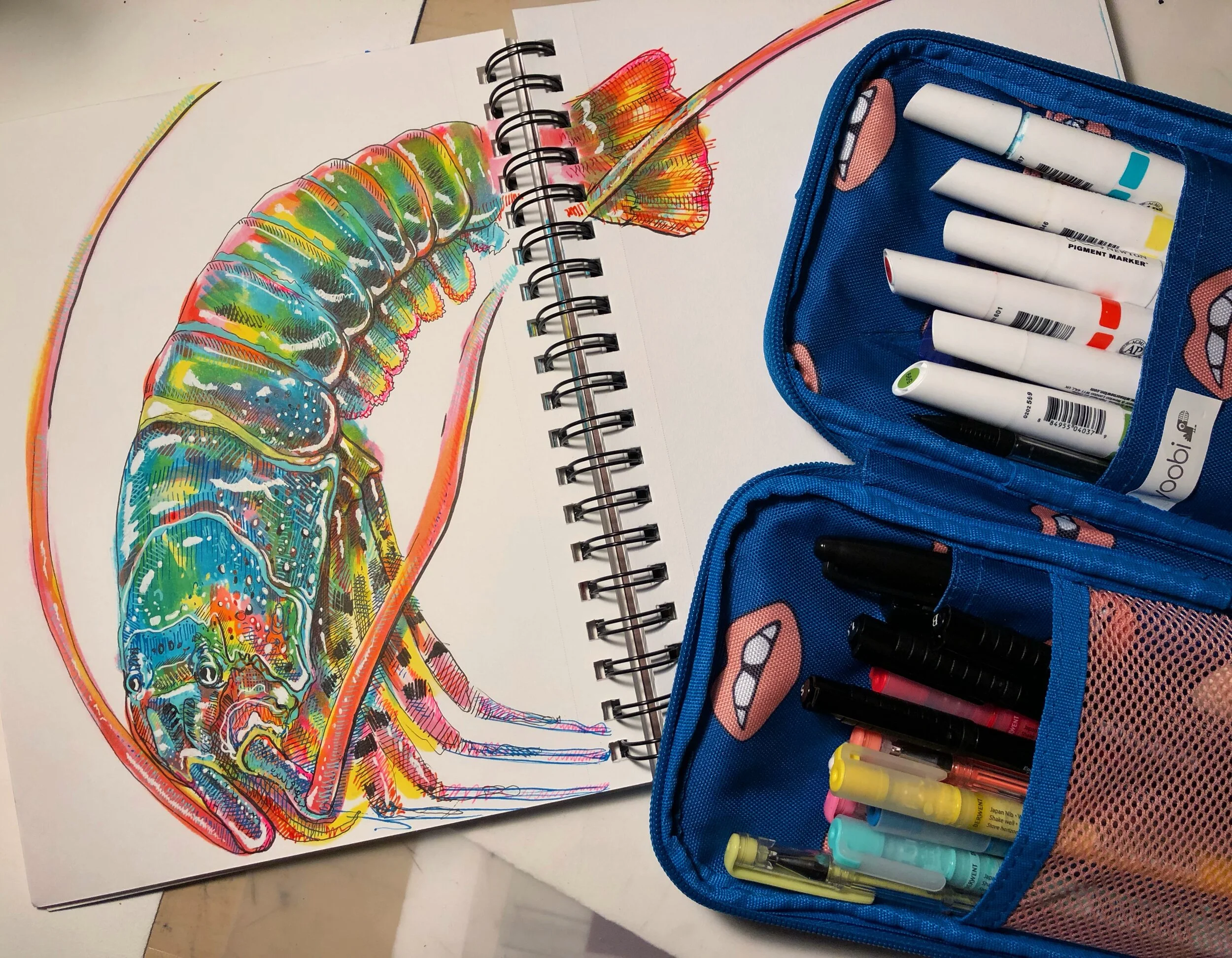  Alcohol markers, gel pens, micron pens. 