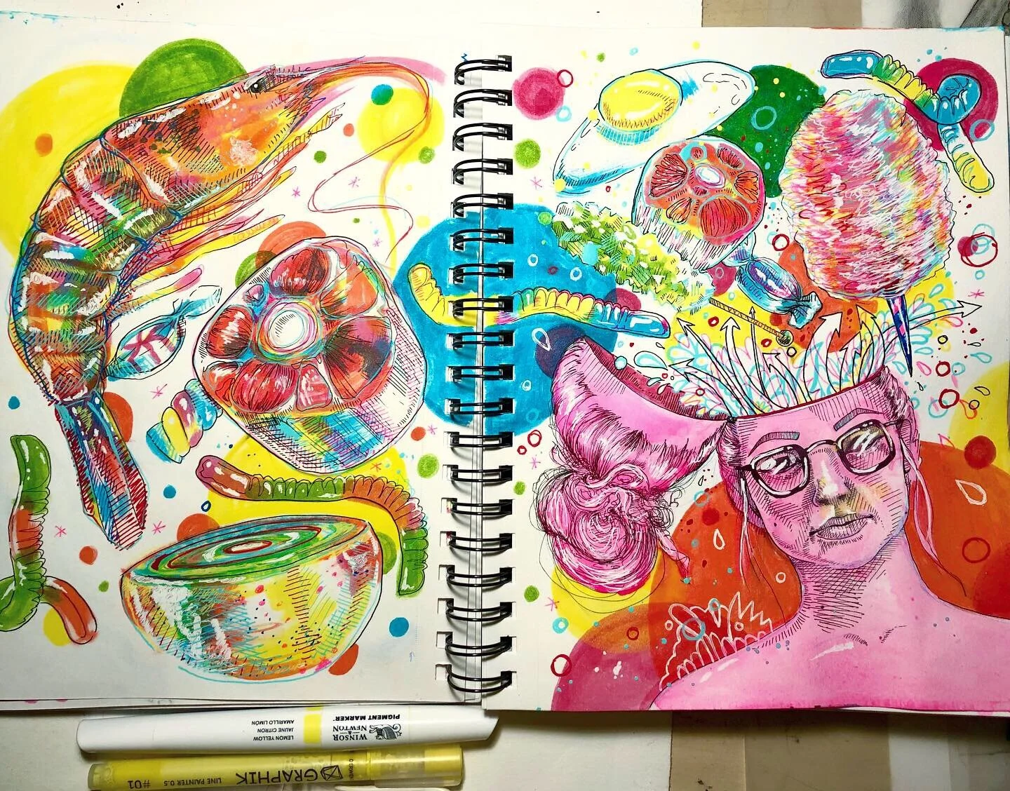  Alcohol markers, gel pens, micron pens. 