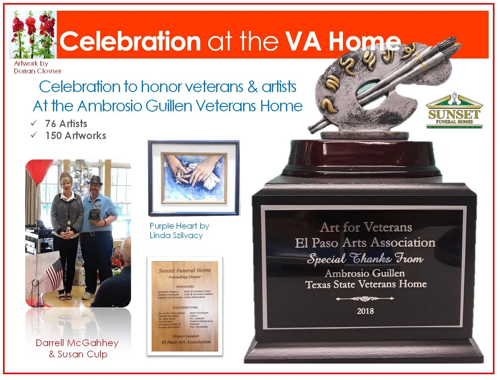 Celebration of our Veterans! Artwork bursting with beauty and love has brought joy to the men & women of the Ambrosio Guillen Veterans Home. A touch of joy to brighten their days! Thank you to Darrell & Carol McGahhey for your dedication to this worthy & inspirational project. And Thank You to the many artists who donated artwork from their hearts. Thank you to Susan Culp for your hard work & support of the EPAA and the Art for Veterans Program! A special Thank You to Jose Amezcua of Sunset Funeral Homes of El Paso for your ongoing support of the Veterans Programs at the El Paso Art Association! Giving back to the men & women both young and old is an honorable & wonderful thing to do. We Thank you!