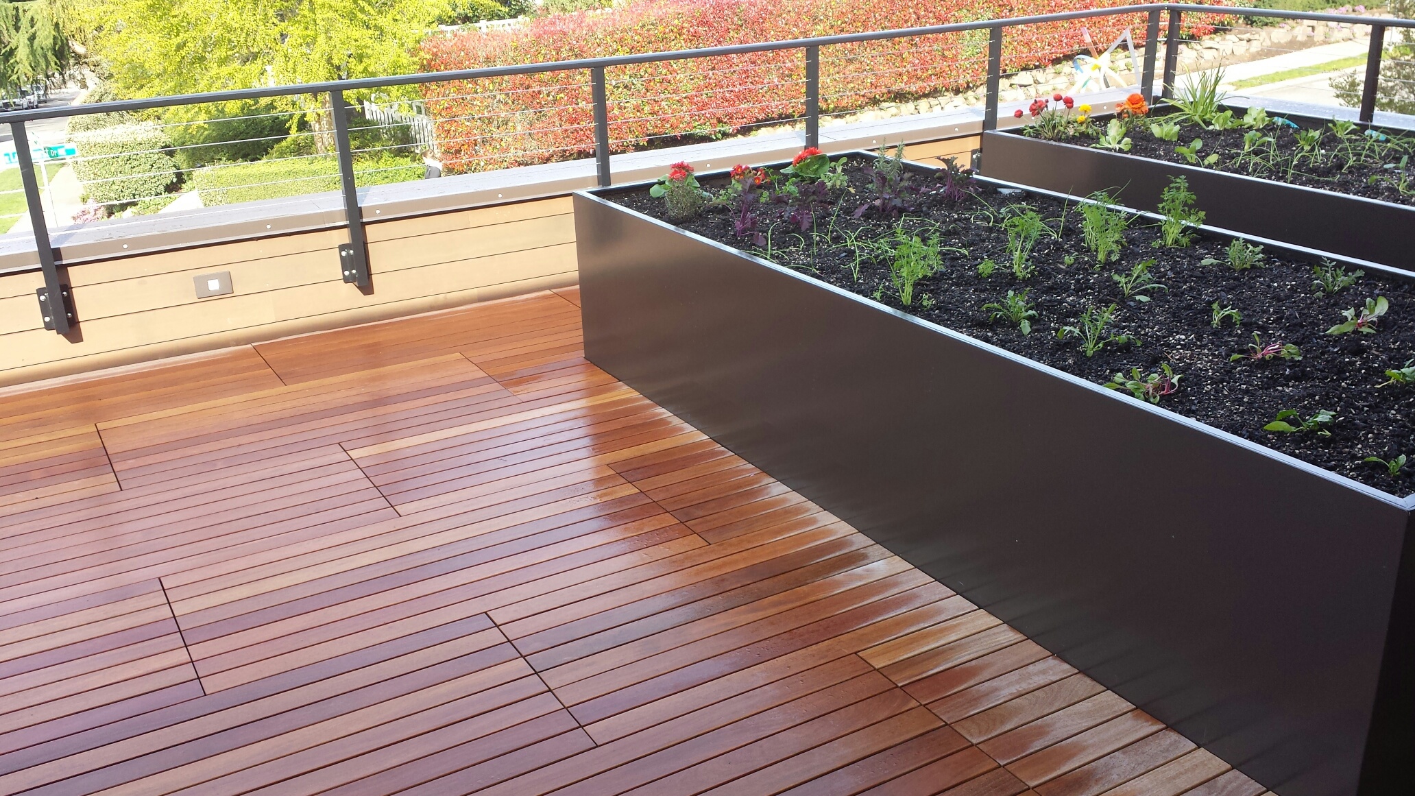 Rooftop veggie garden planters with Cumaru pavers.