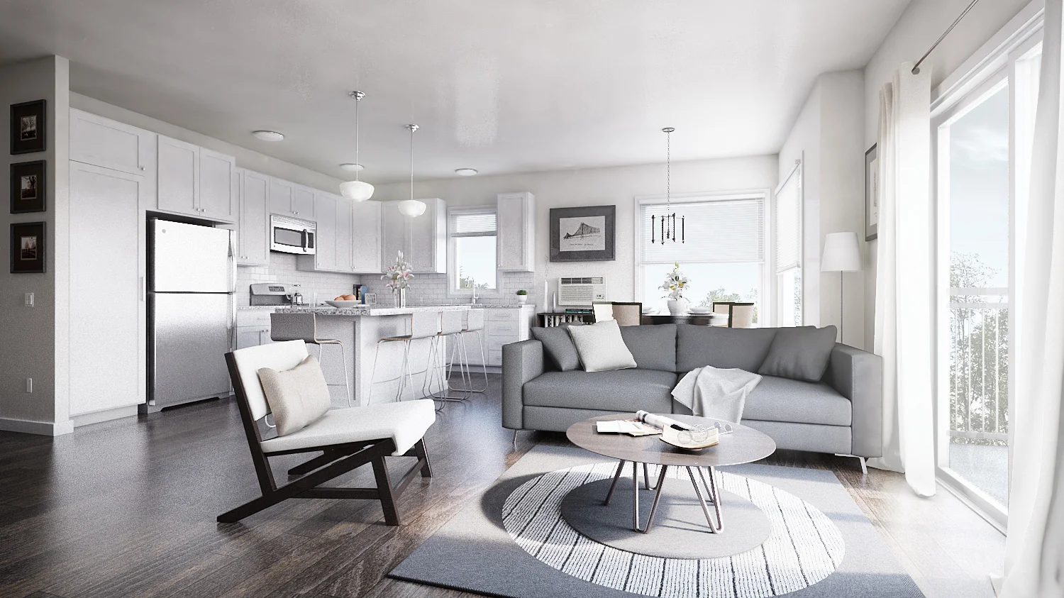 Interior Apartment Unit, living room, dining room, kitchen, white cabinets, wood floors