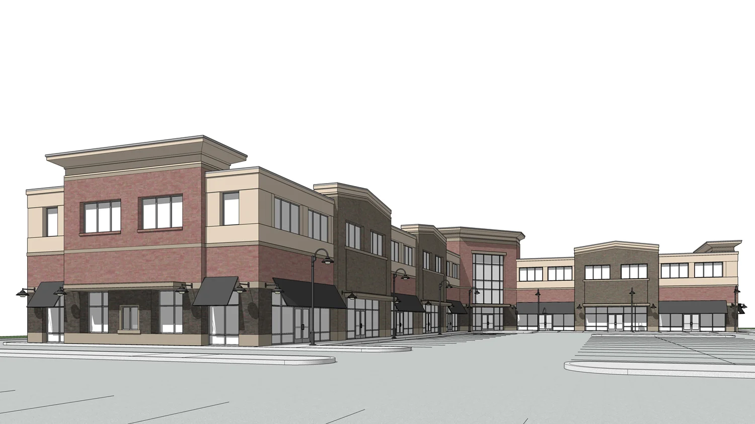 Strip Mall, Retail and Commercial Center, Traditional and Contemporary, West Fargo, North Dakota, exterior image, outdoor space, stores, parking