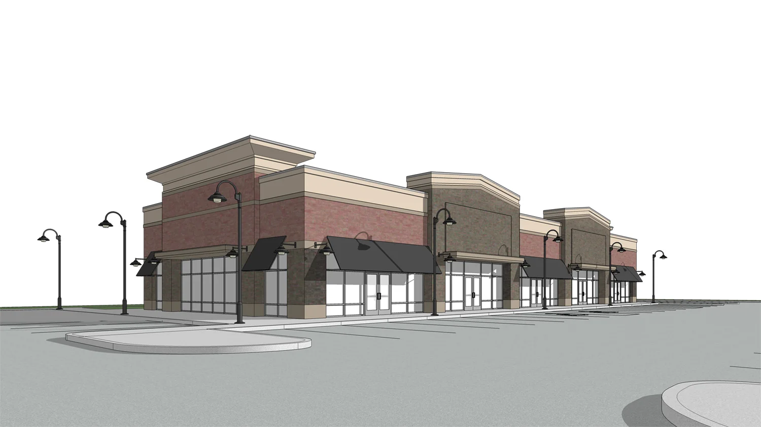 brick, stucco, curtain wall, retail center, parking