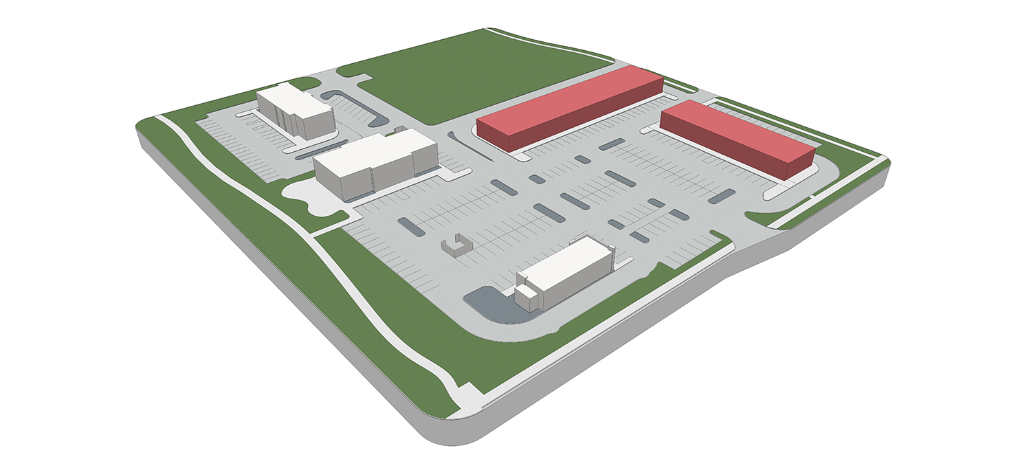 site design model, parking lot, strip mall layout, pad sites, West Fargo