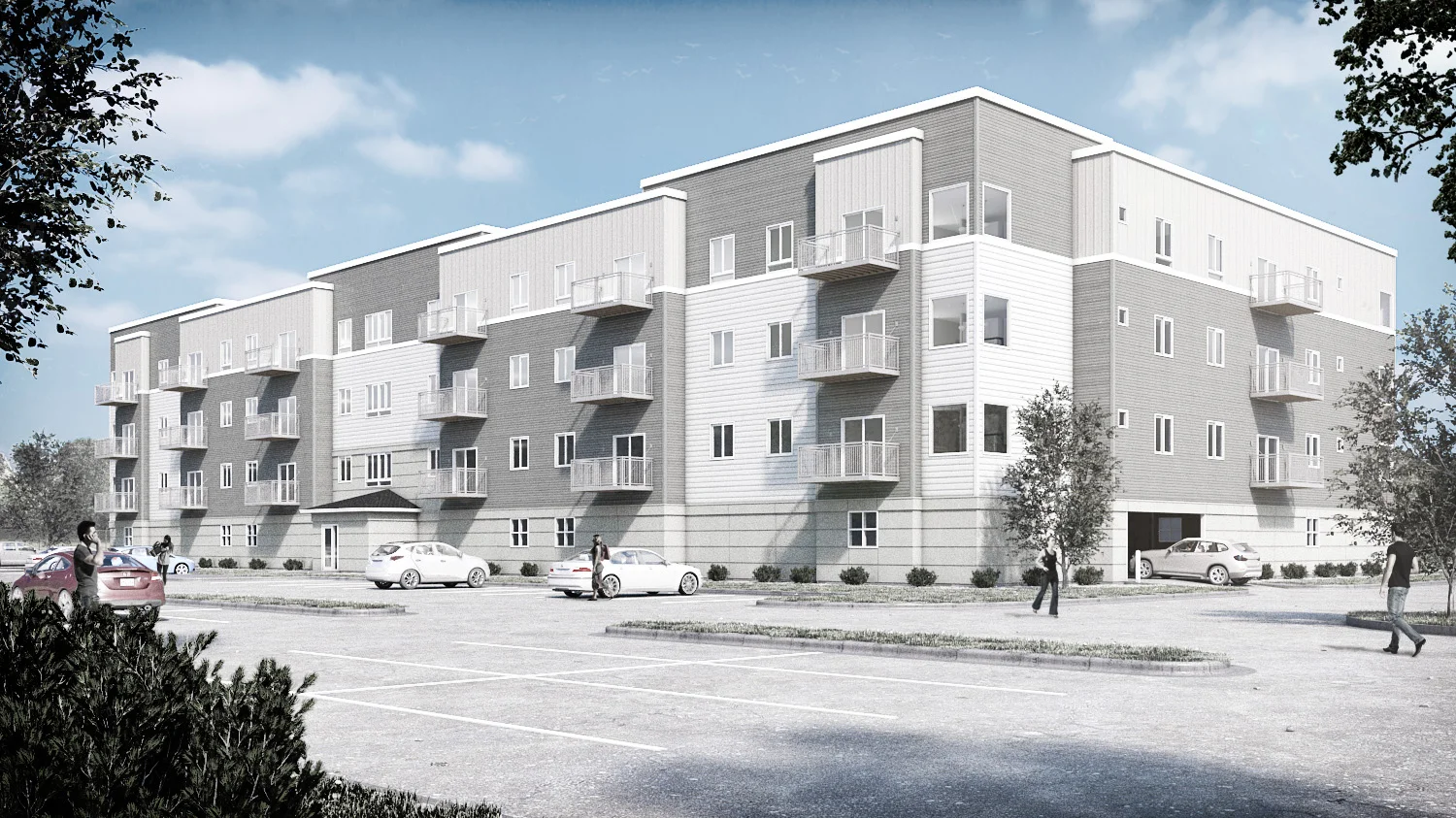 Interior Apartment Unit, living room, dining room, kitchen, white cabinets, wood floors