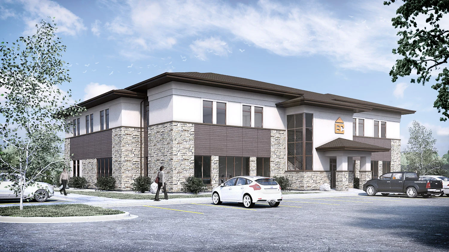 Office Building exterior, parking lot, landscape, stone, EIFS, Nichiha, Bronze Storefront