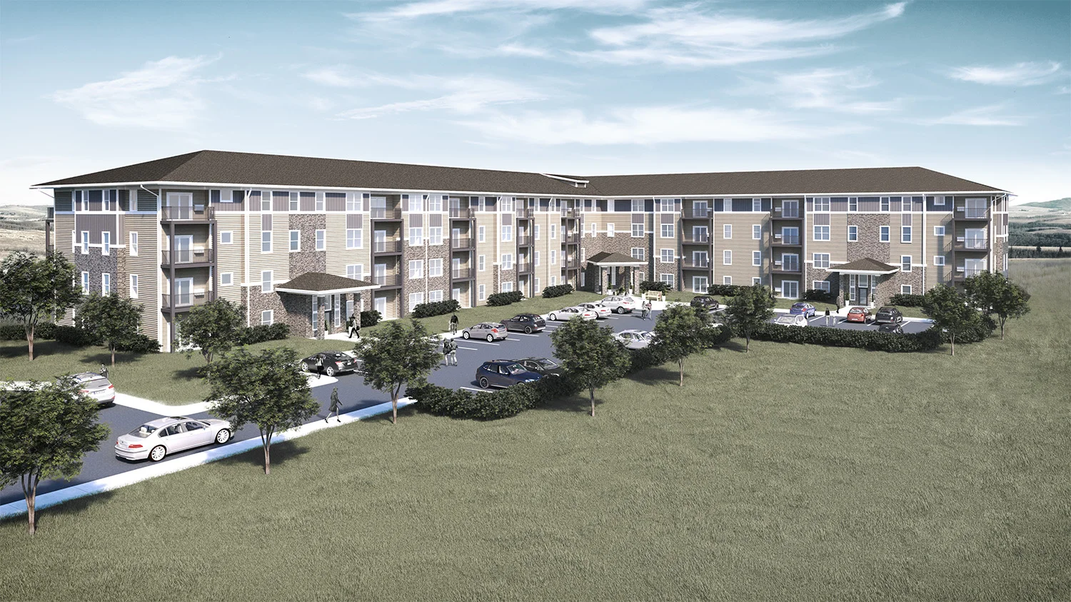 Exterior Rendering of an apartment building complex, daytime image