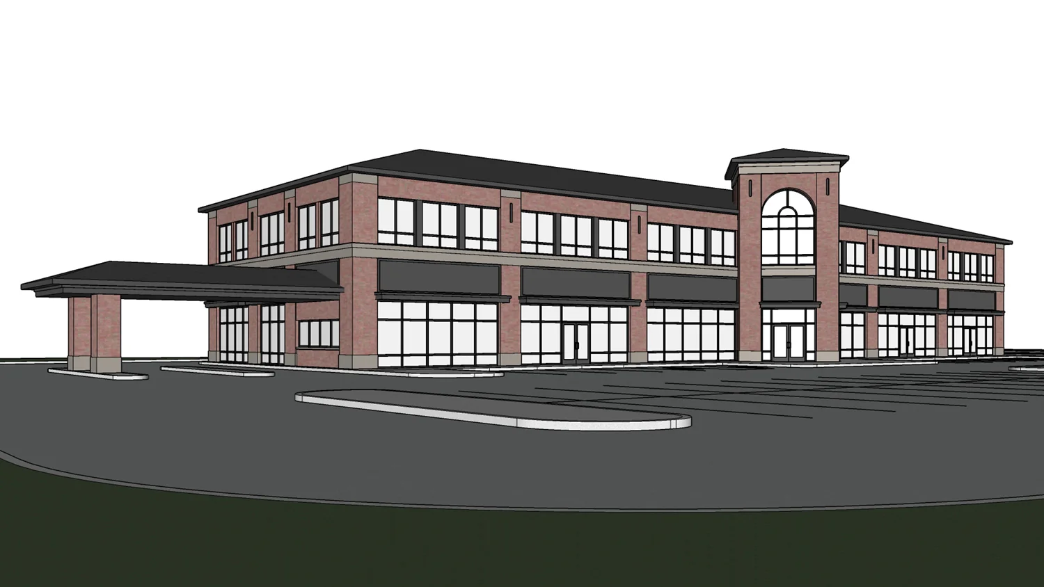 brick, metal panel, curtain wall, retail center, parking