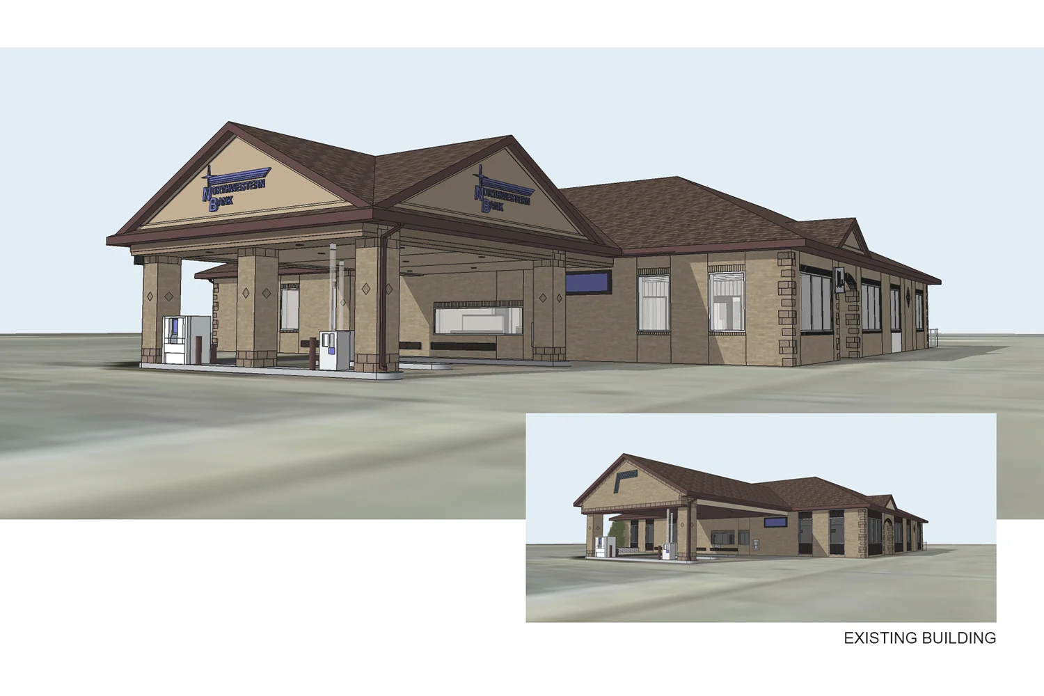 bank, exterior renovation, remodel, new signage, roof design, existing building image, brick, stone