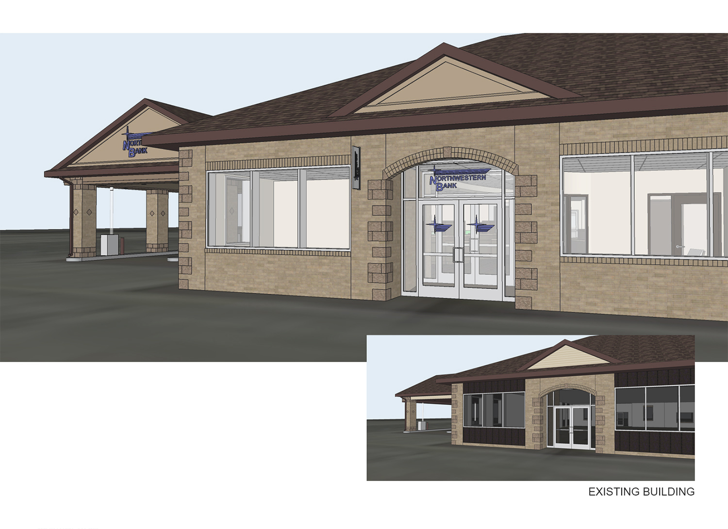 new entry signage, existing entry, new brickwork