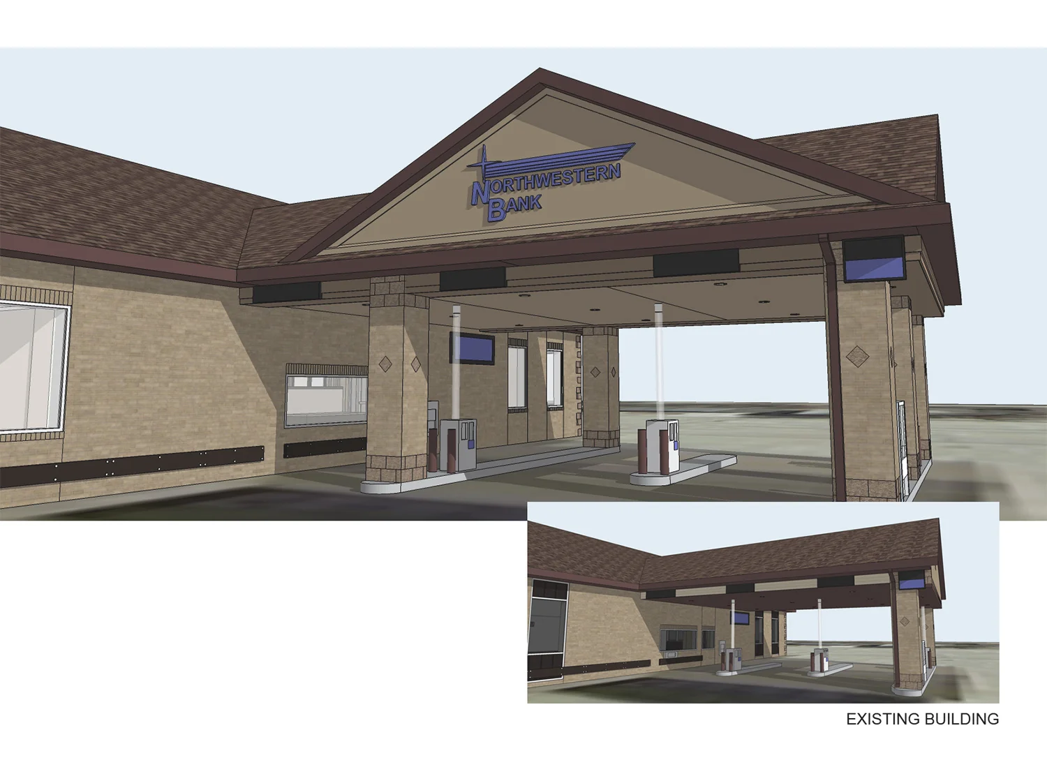 new ATM and bank deposit drive through, updated roof design, new brick columns, cast stone