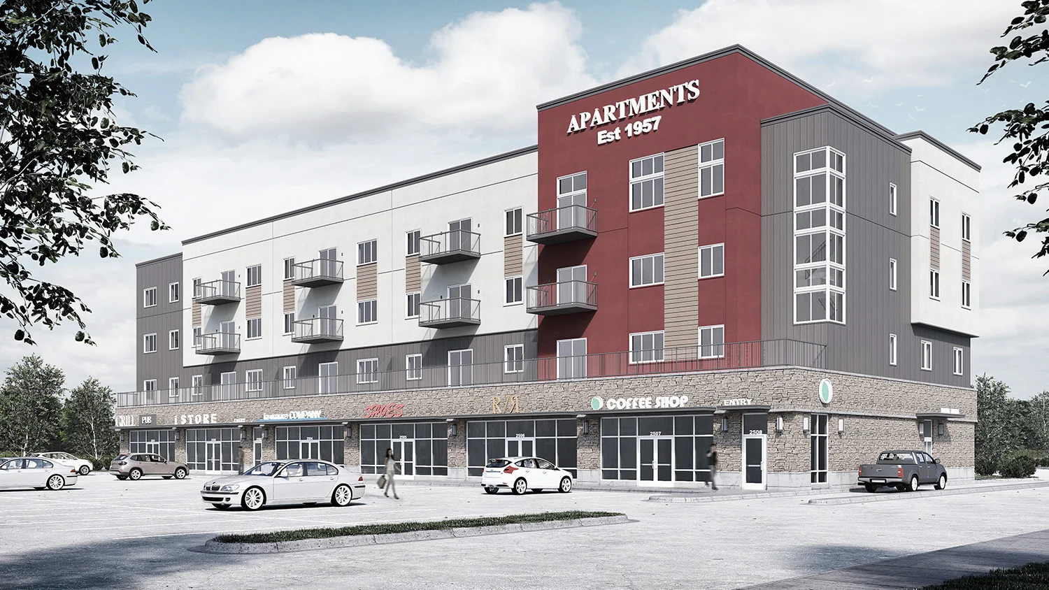 Interior Apartment Unit, living room, dining room, kitchen, white cabinets, wood floors