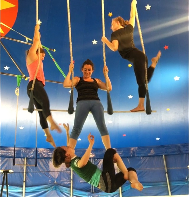 Working with the other aerial coaches (Bronwyn, Nina, and Glenna) to prepare a triple trap piece for the Staff Show.