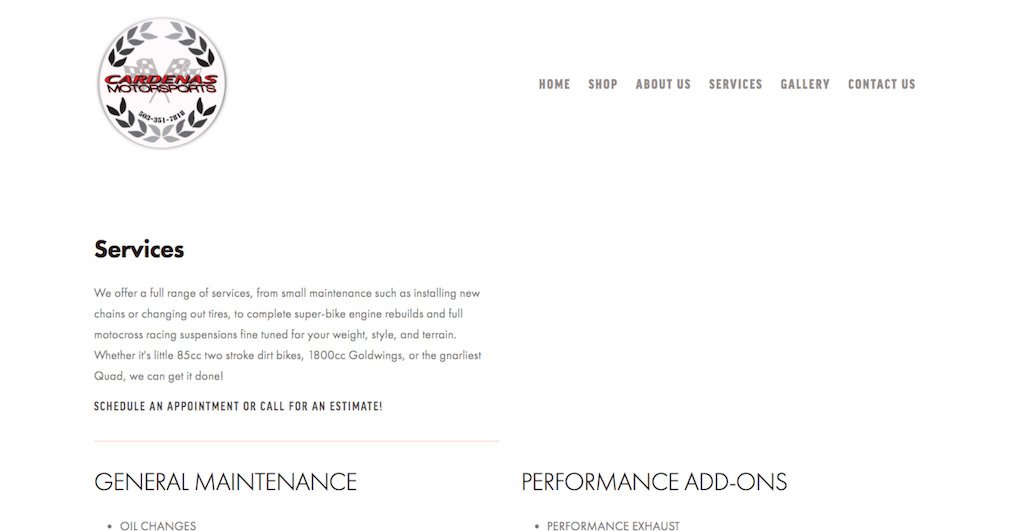 Services section of the website redesign prominently displays the range of services provided by Cardenas Motorsports at their shop.