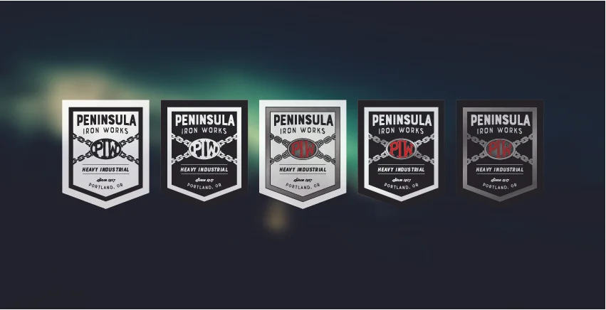 Different iterations of the new Peninsula Iron Works logo allow for flexibility in their usage by the company.