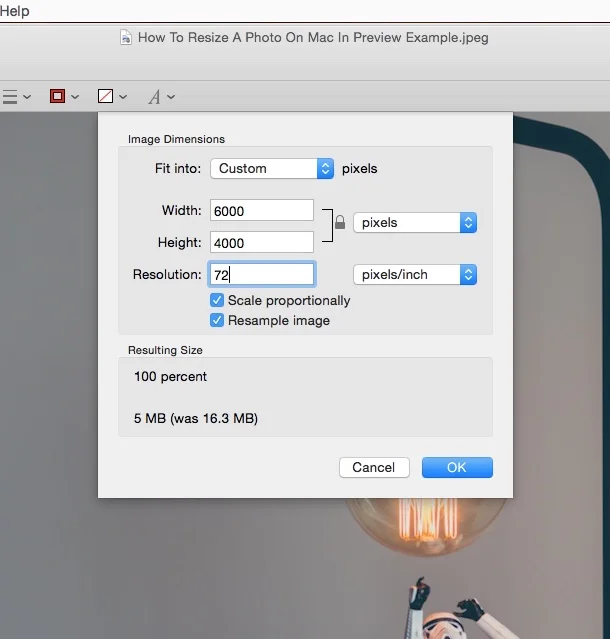 Here we adjusted the resolution down to 72 px/in and it didn't change our file size.