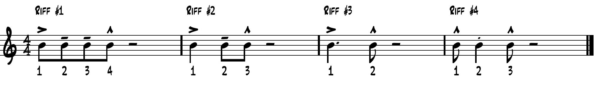 Exercise 3: The jazz band learns to apply the minor pentatonic scale to the rhythms above by using the first couple notes of the minor pentatonic scale ascending.