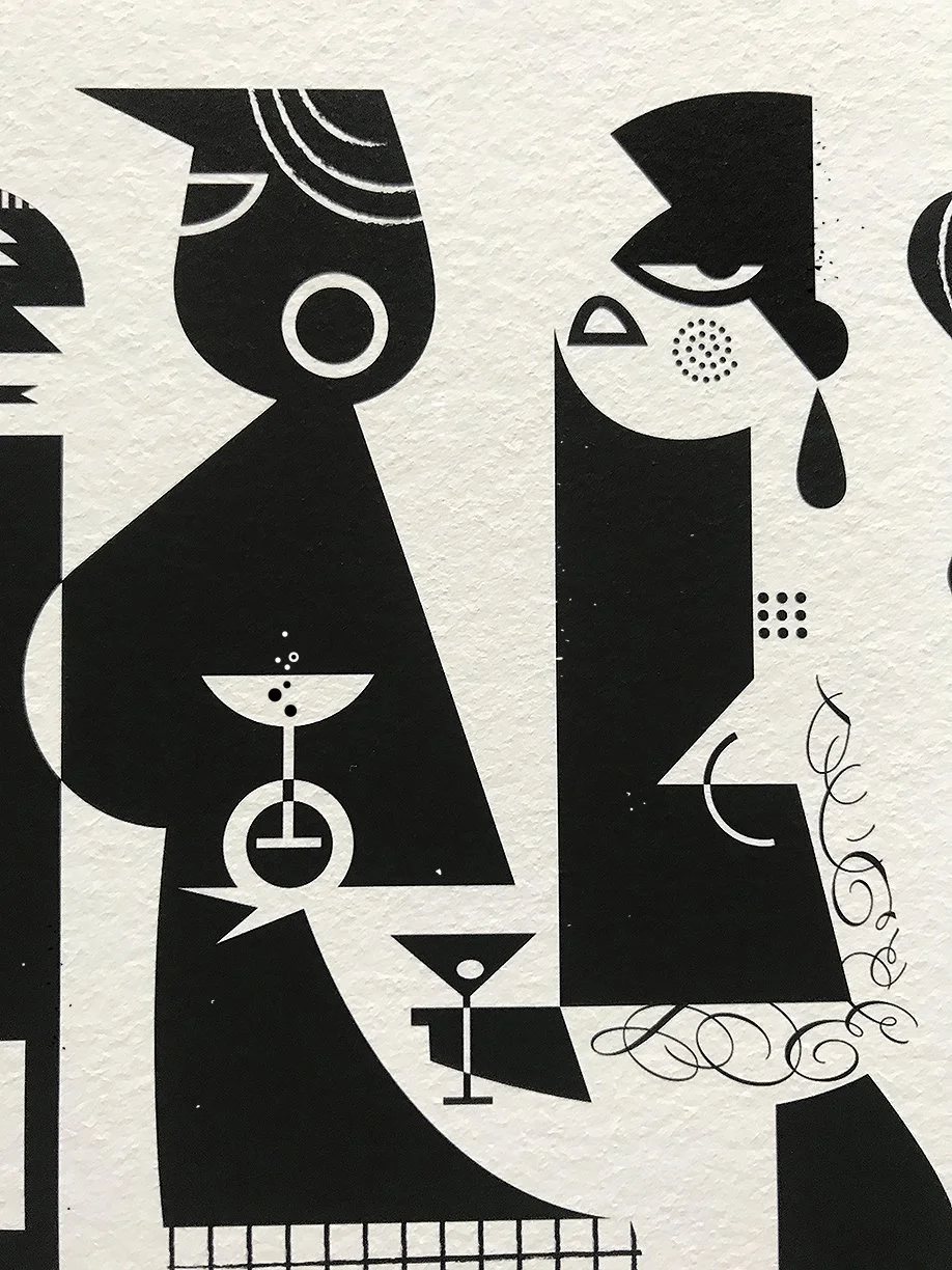 Graphic detail from Party People art print by Kirsten Ulve showing stylized black geometric figures at a cocktail party printed on textured Hahnemühle German Etching paper.