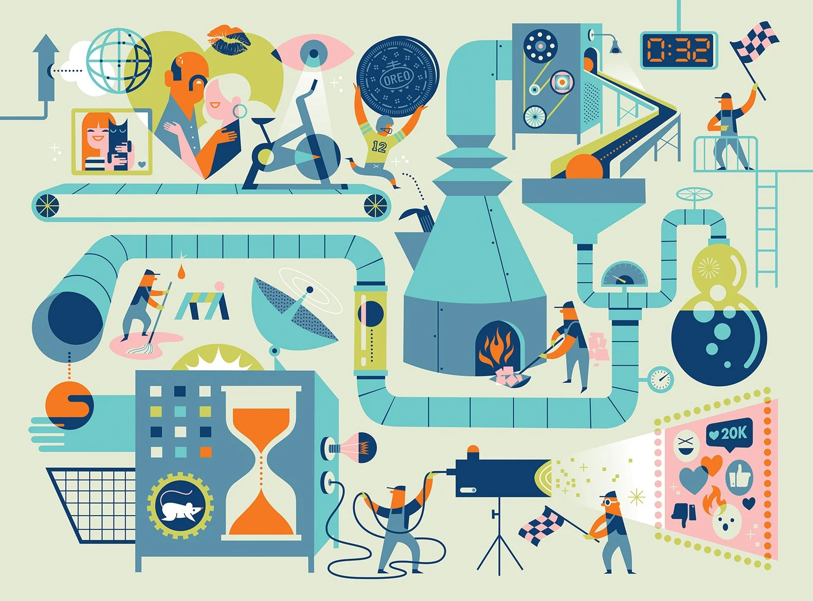 Editorial illustration for Harvard Business Review showing how ideas move through organizational systems, visualized with people, machines, and connected pathways