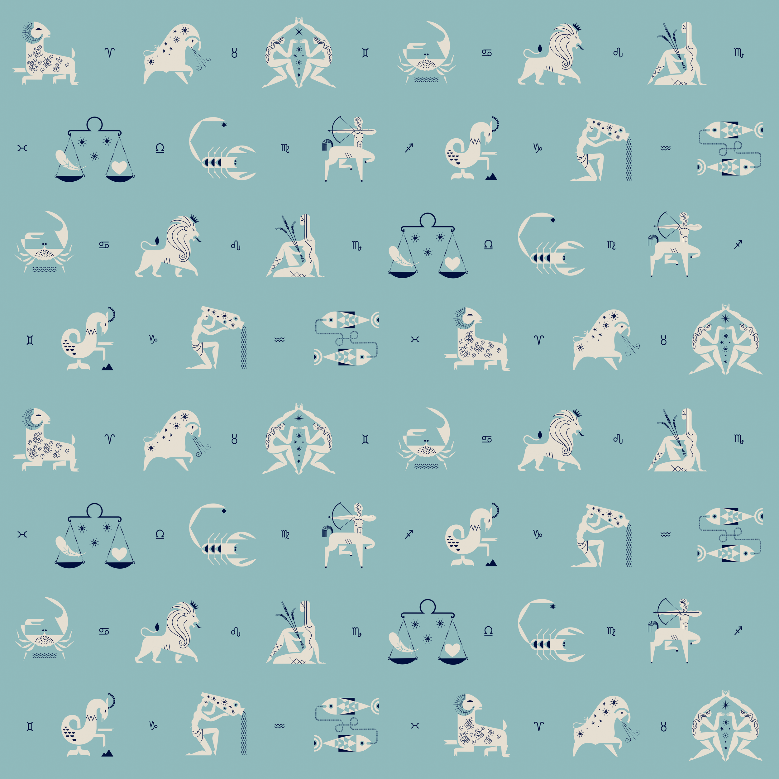 Zodiac-inspired surface design system with illustrated astrological symbols, shown as repeating patterns on wallpaper, bedding, and textiles