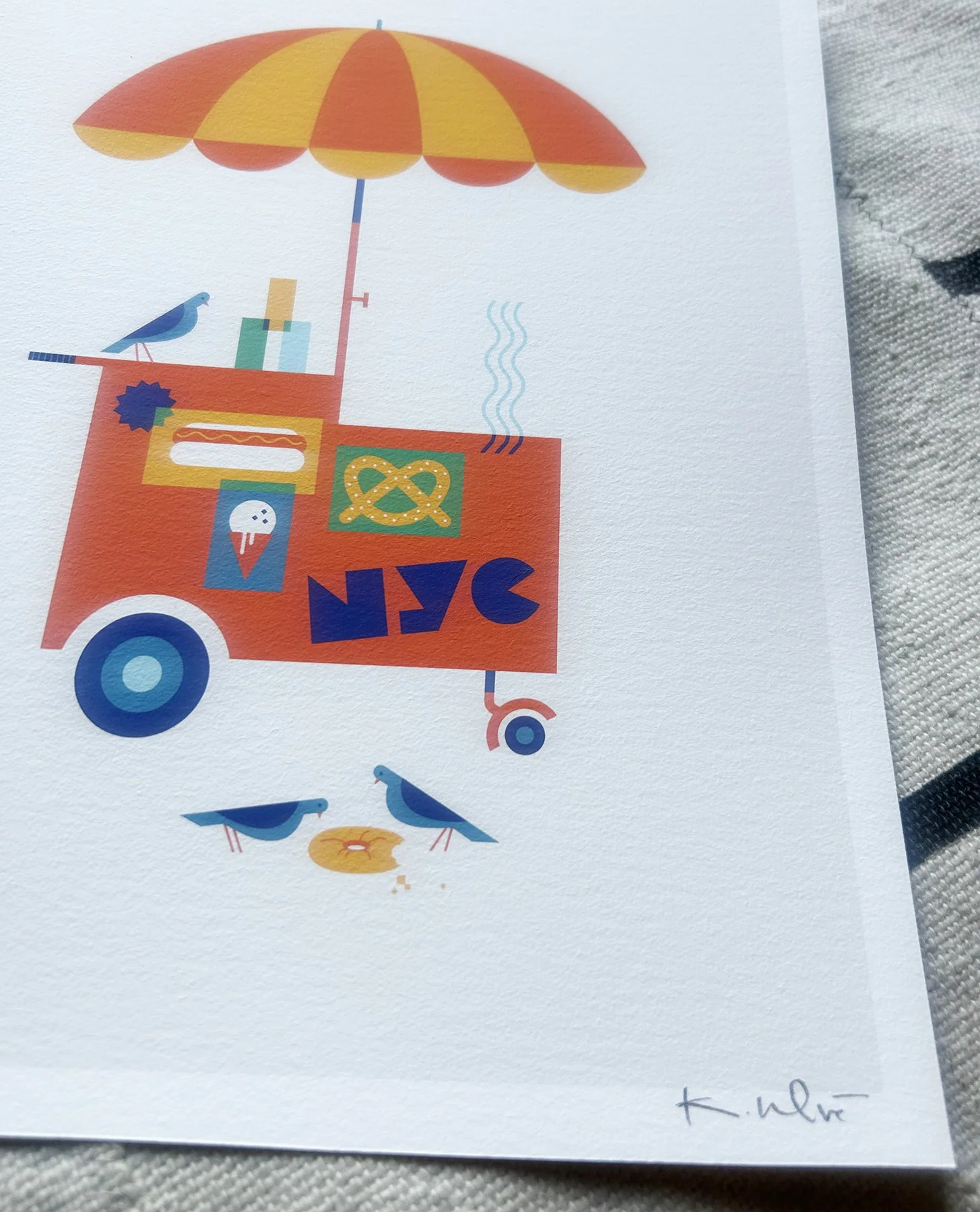 Close-up of NYC Street Cart art print by Kirsten Ulve printed on textured archival paper.