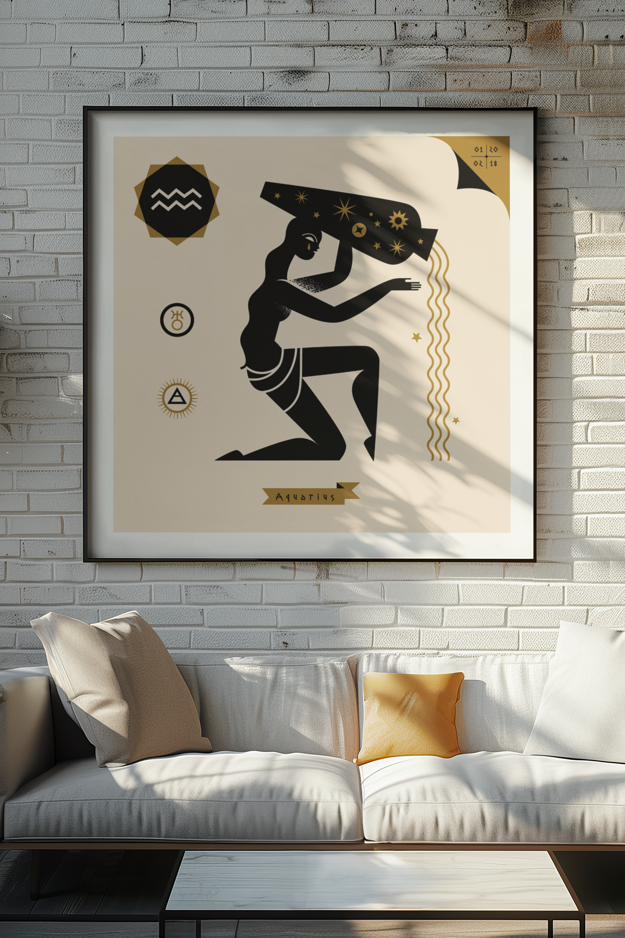 Aquarius zodiac art print framed on wall, celestial astrology artwork in black and gold