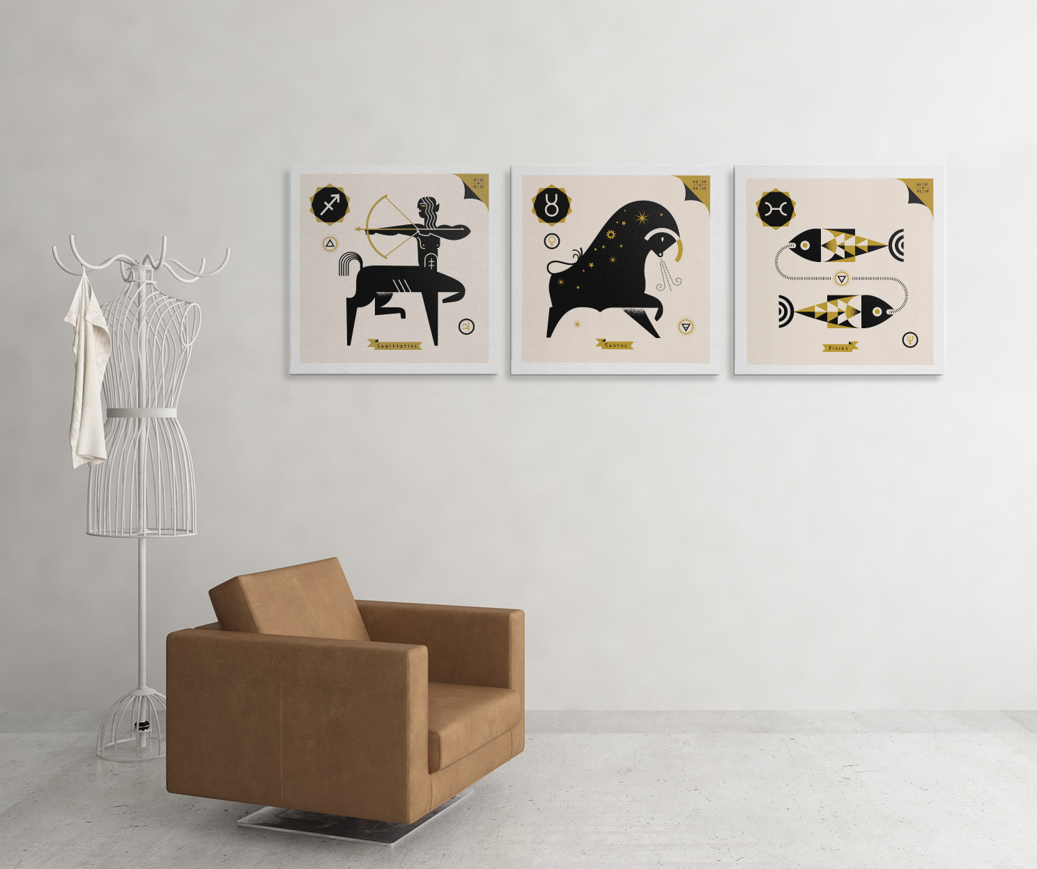 Zodiac art print series displayed as framed astrology wall art collection