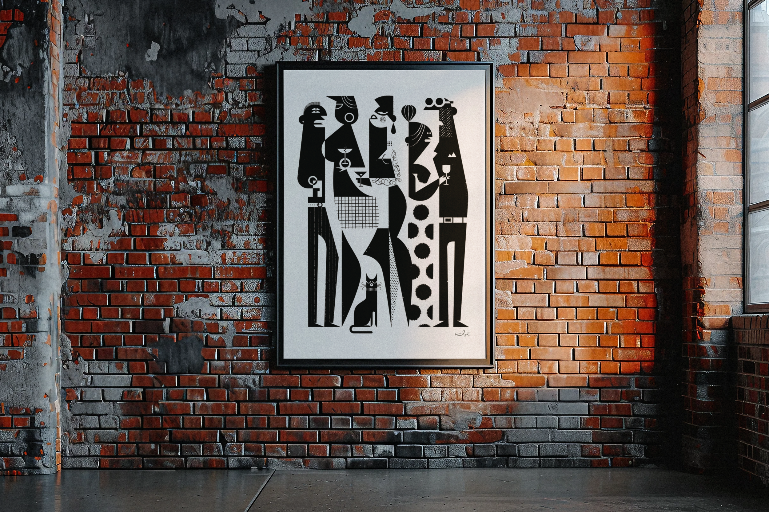 Party People art print by Kirsten Ulve displayed in a frame on an exposed brick wall featuring stylized geometric figures gathered at a cocktail party.