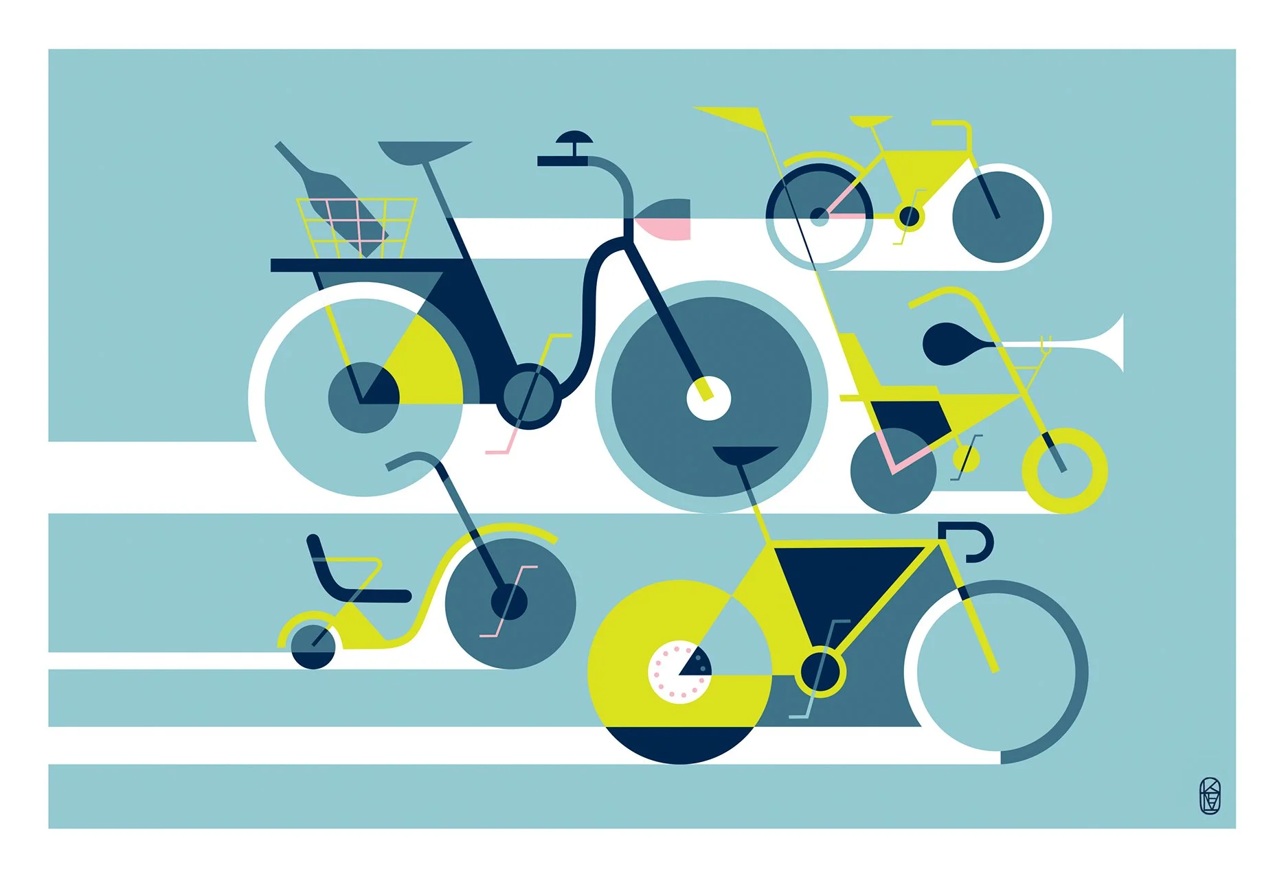 Winter Bikes geometric bicycle illustration by Kirsten Ulve featuring modern city bicycles in blue, navy, and chartreuse.