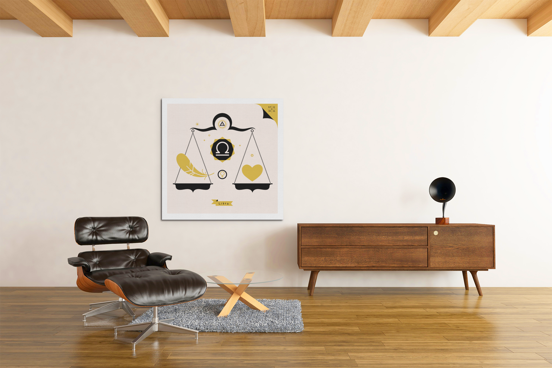 Libra zodiac art print framed wall art, astrology illustration in black and gold