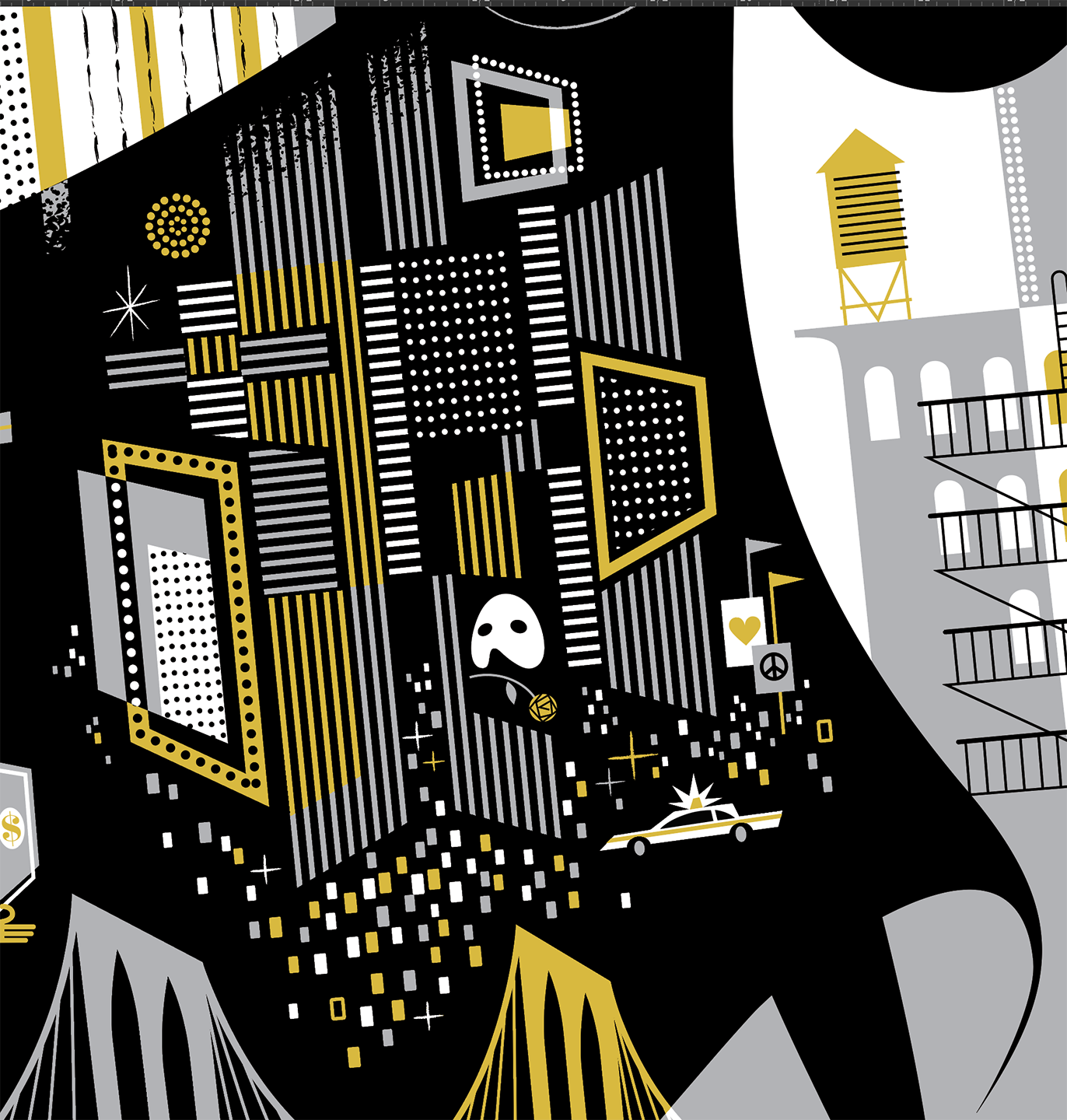 Detail from Empire Goddess artwork showing bridges, theater lights, and city textures forming the interior of the monumental goddess figure.