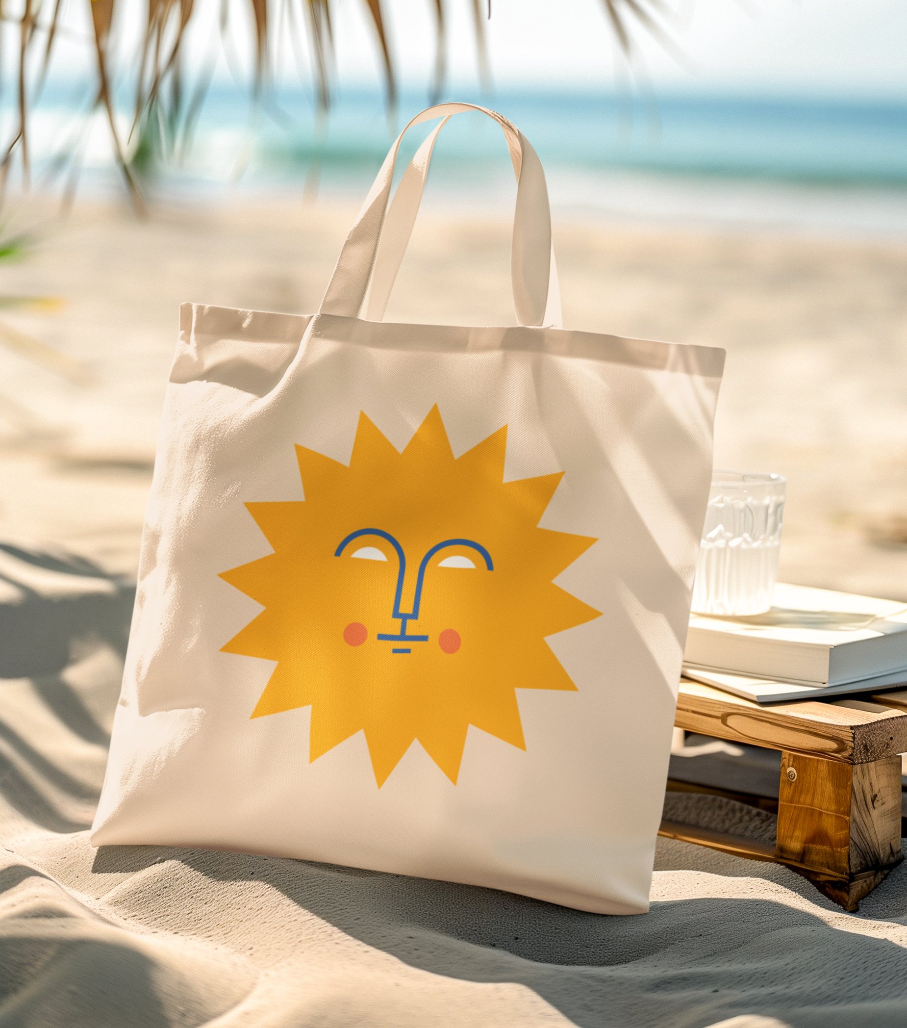 Contemporary tote bag featuring symbolic sun illustration from the Beach Town collection.