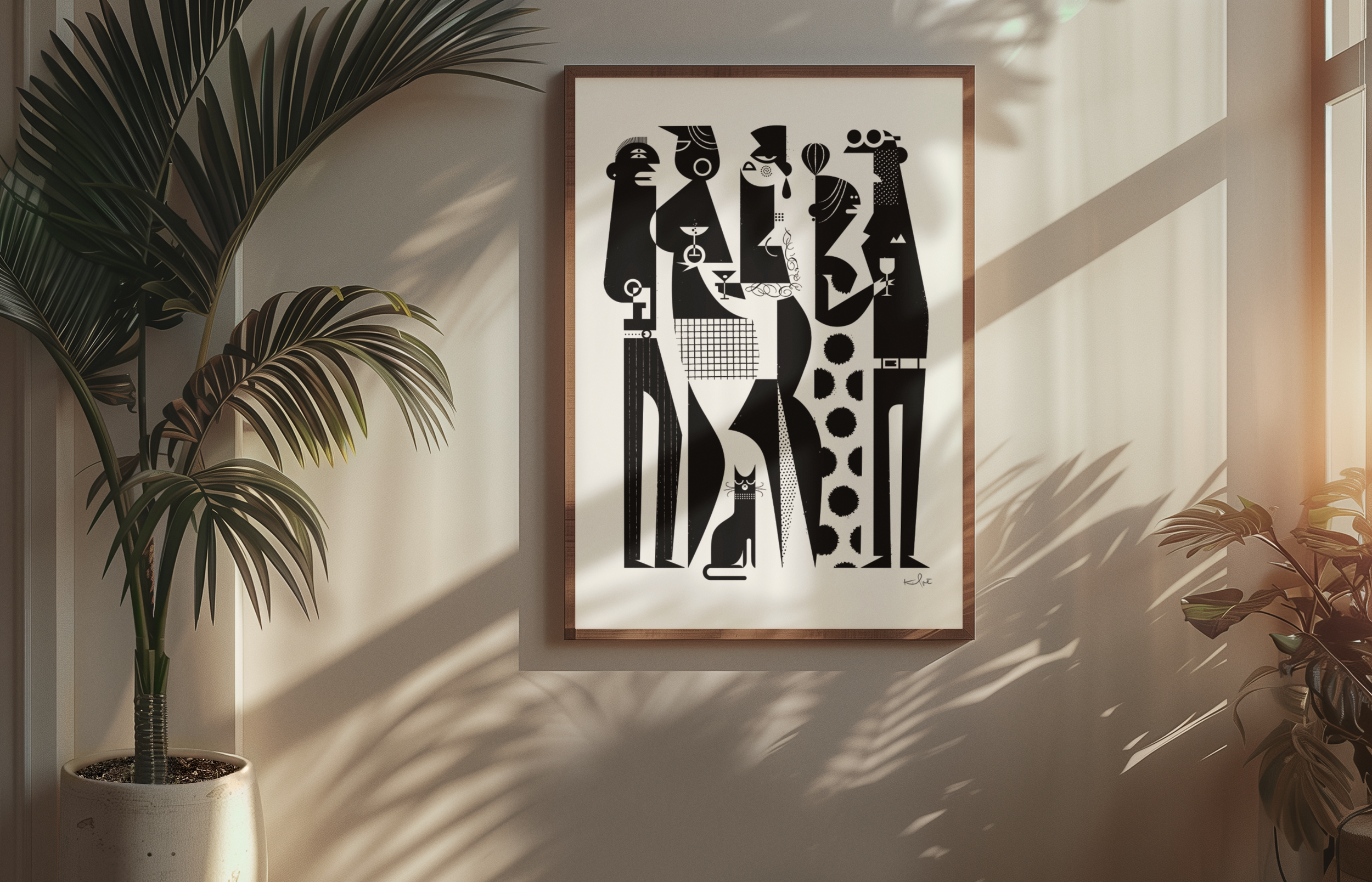 Framed Party People art print by Kirsten Ulve displayed in a modern interior with natural light and plants.