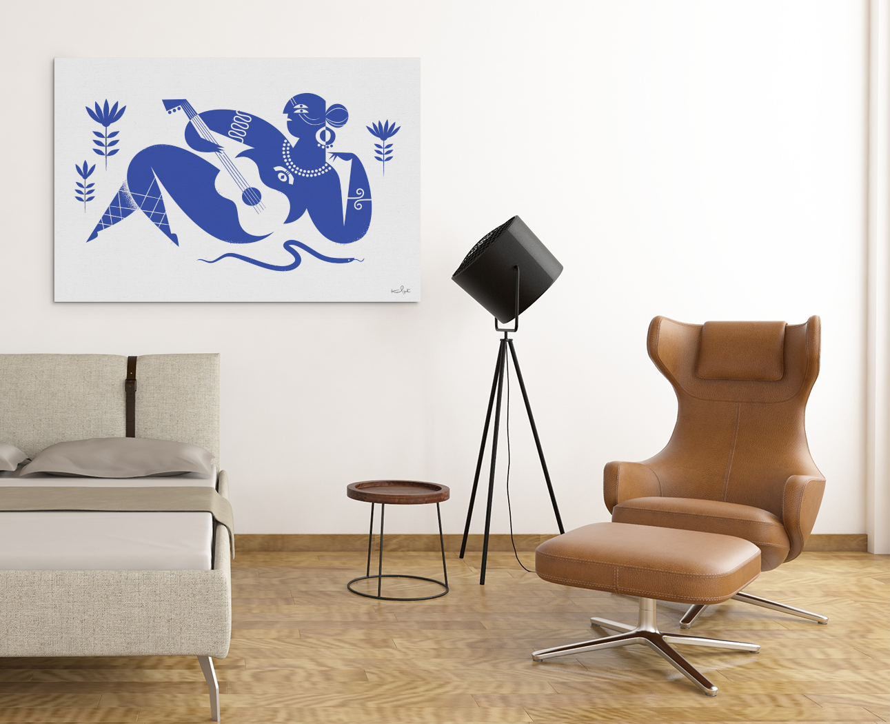 thelma-blue-guitarist-modern-wall-art-print-bedroom-mockup-kirsten-ulve.png