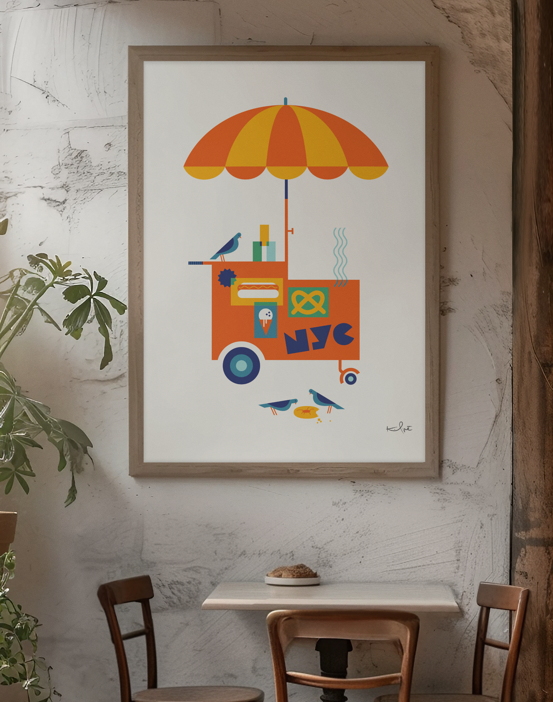 NYC Street Cart illustration print by Kirsten Ulve displayed framed on wall in kitchen interior.