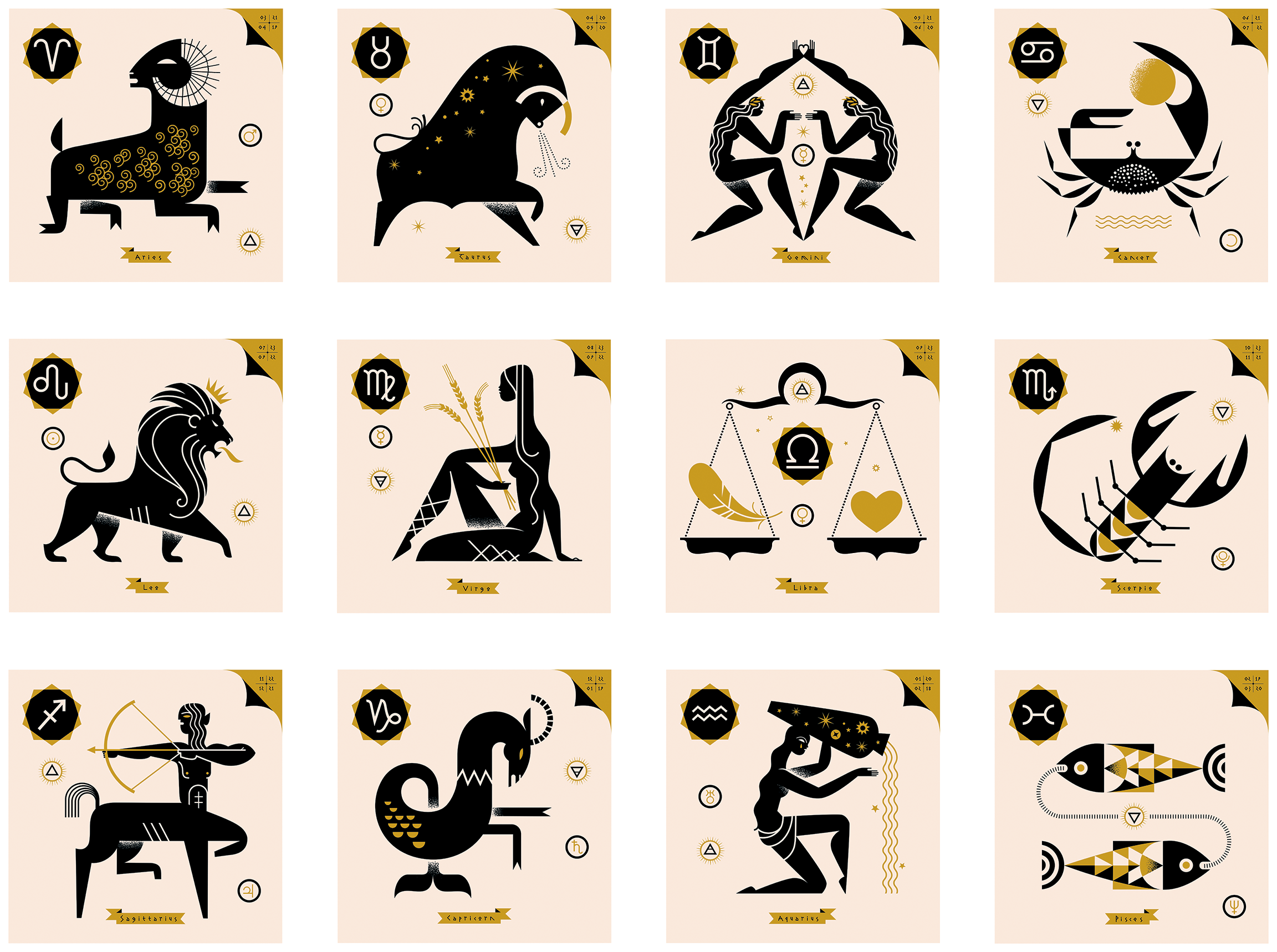 Complete zodiac art print collection featuring all twelve astrology signs