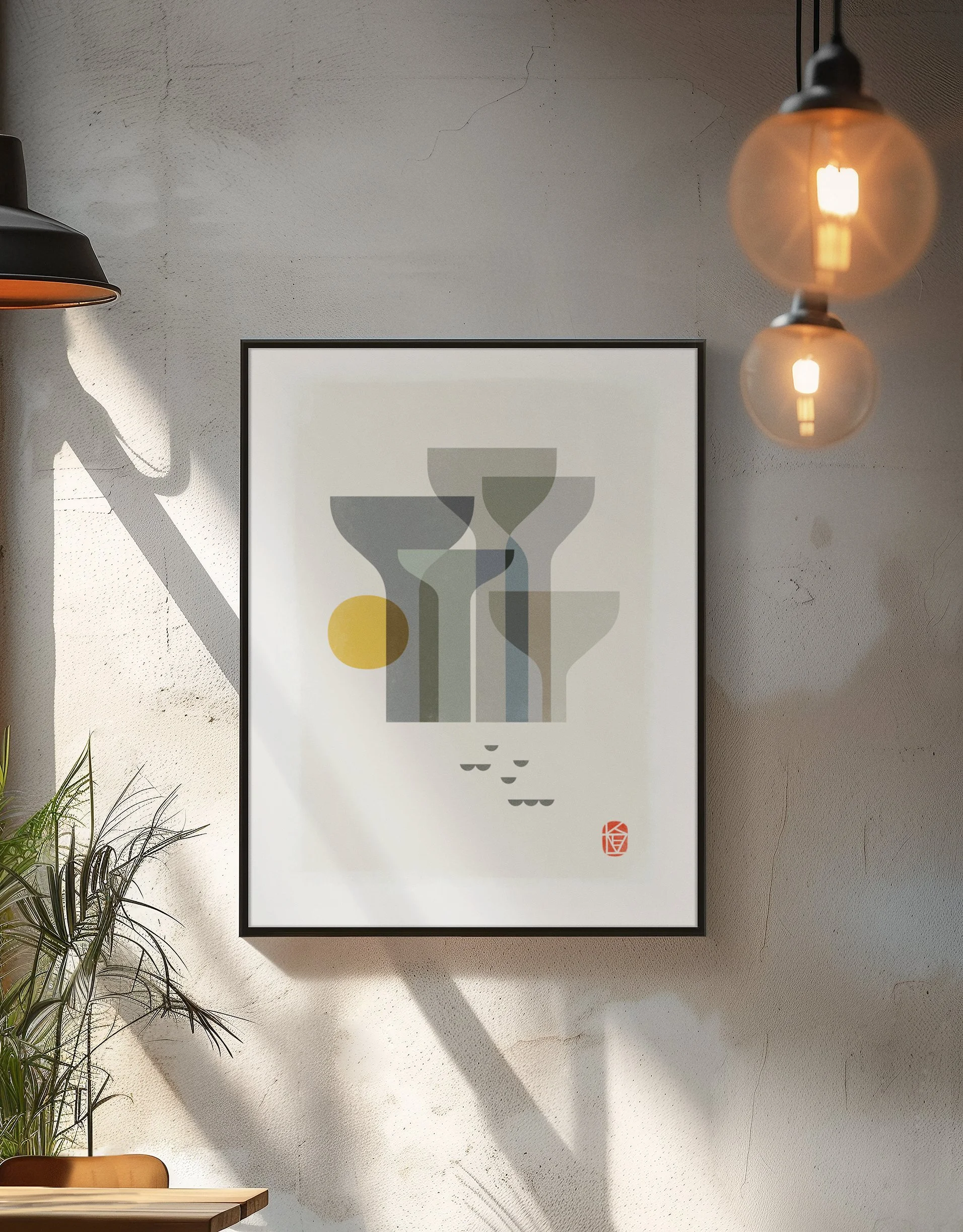 Abstract coastal artwork in layered blue, sand, grey, and ivory tones by Kirsten Ulve for modern interiors.