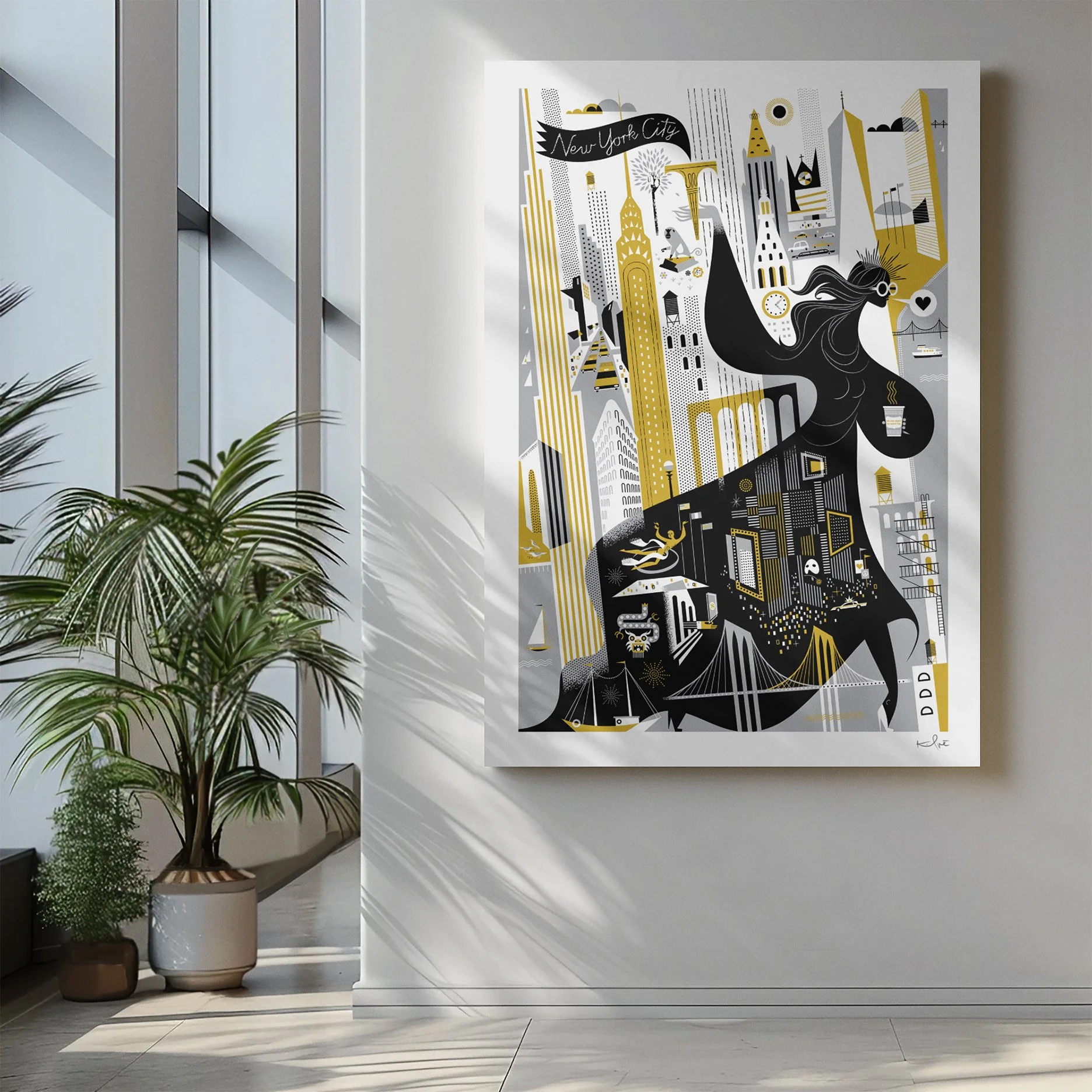 Empire Goddess monumental New York City artwork displayed as a large-scale wall installation showing a mythic goddess figure composed of city architecture and landmarks.