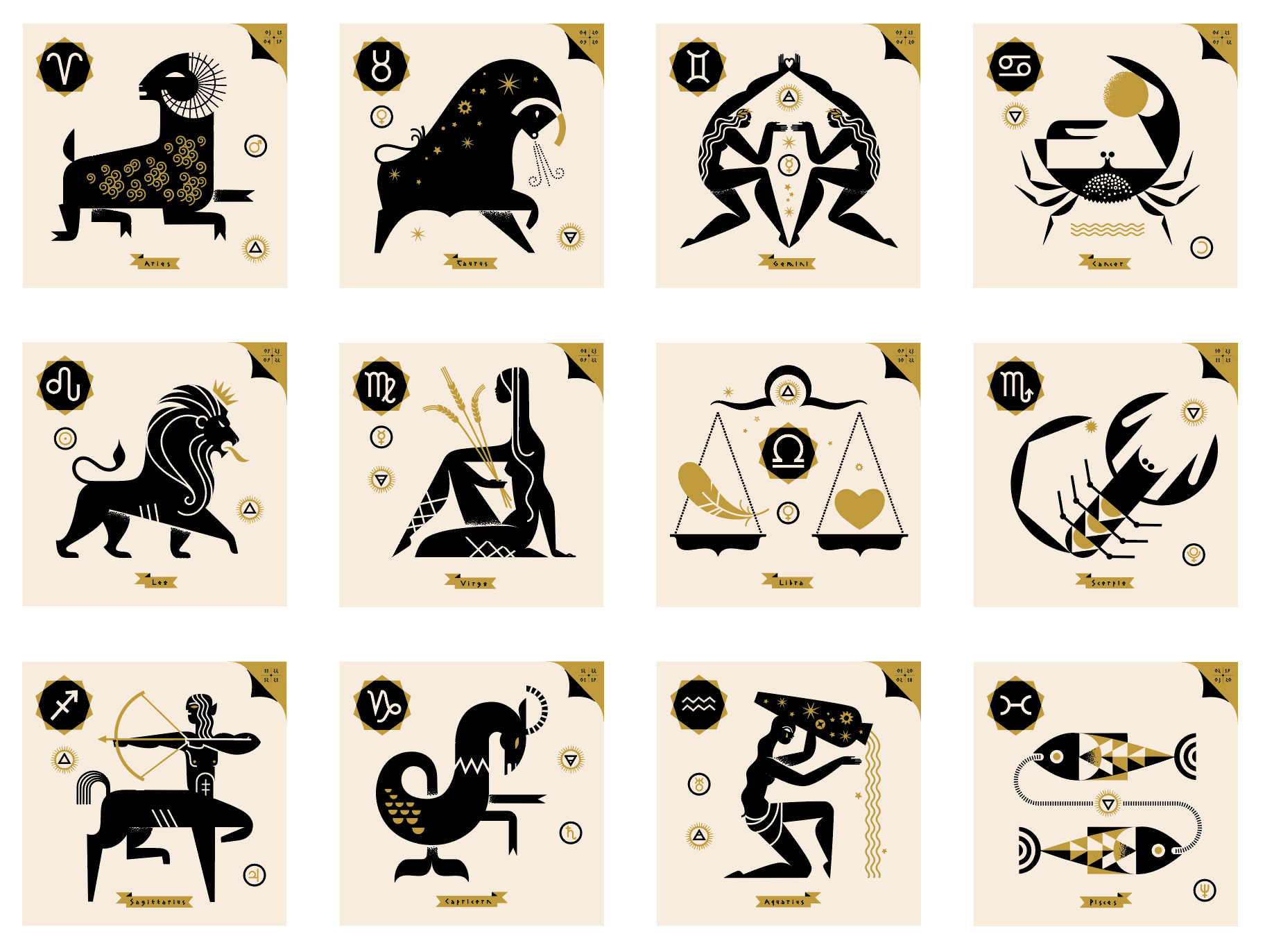 Complete zodiac art print collection featuring all twelve astrology signs