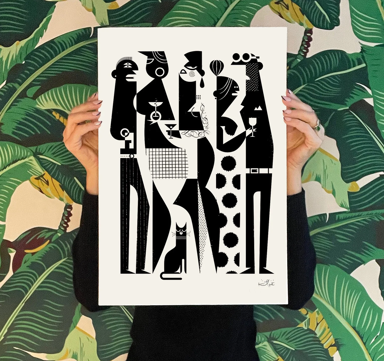 Person holding Party People art print by Kirsten Ulve featuring stylized black geometric figures socializing at a cocktail party.