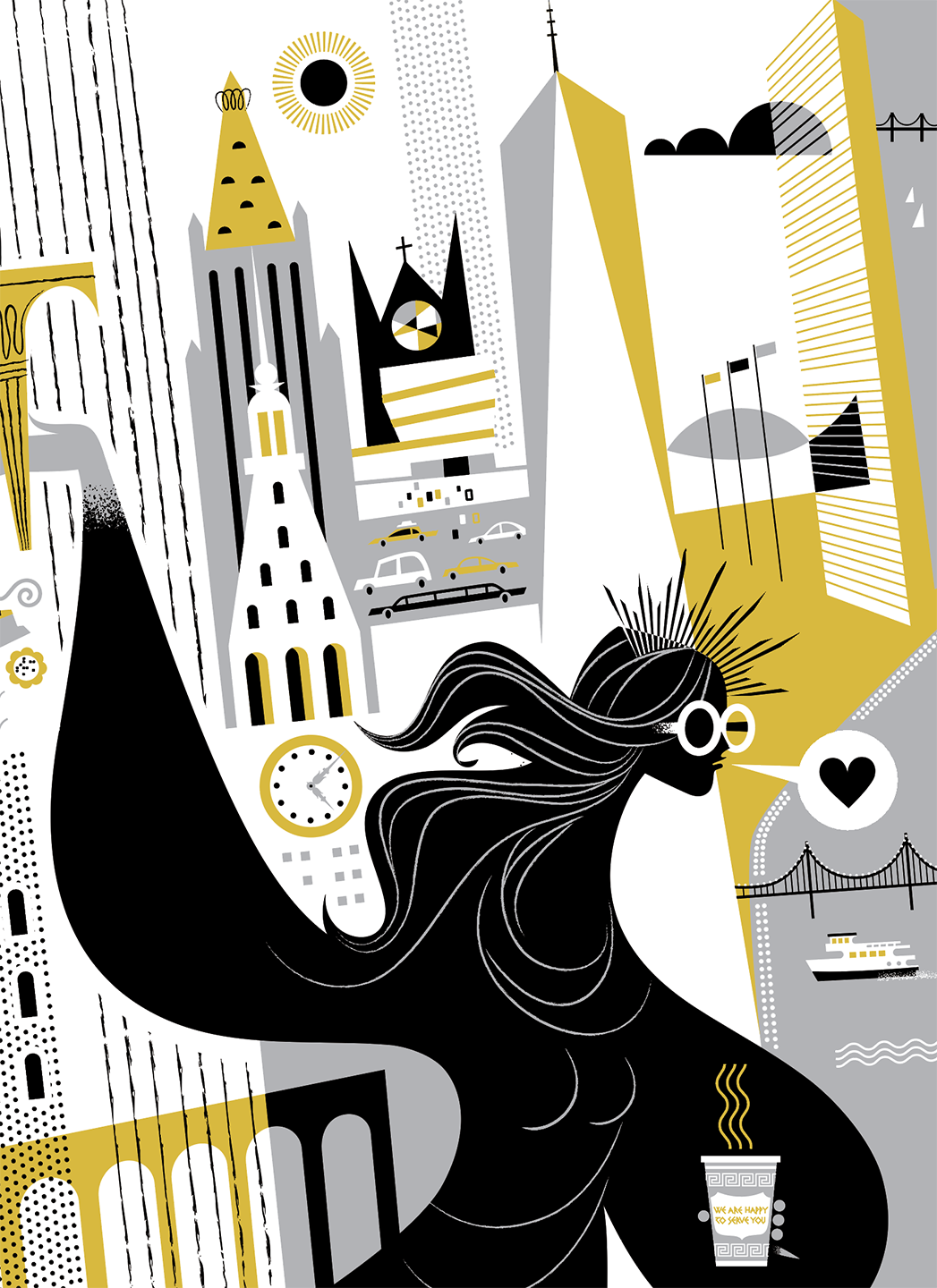 Detail of the goddess figure in Empire Goddess New York City artwork featuring flowing hair, skyline architecture, and urban symbolism.